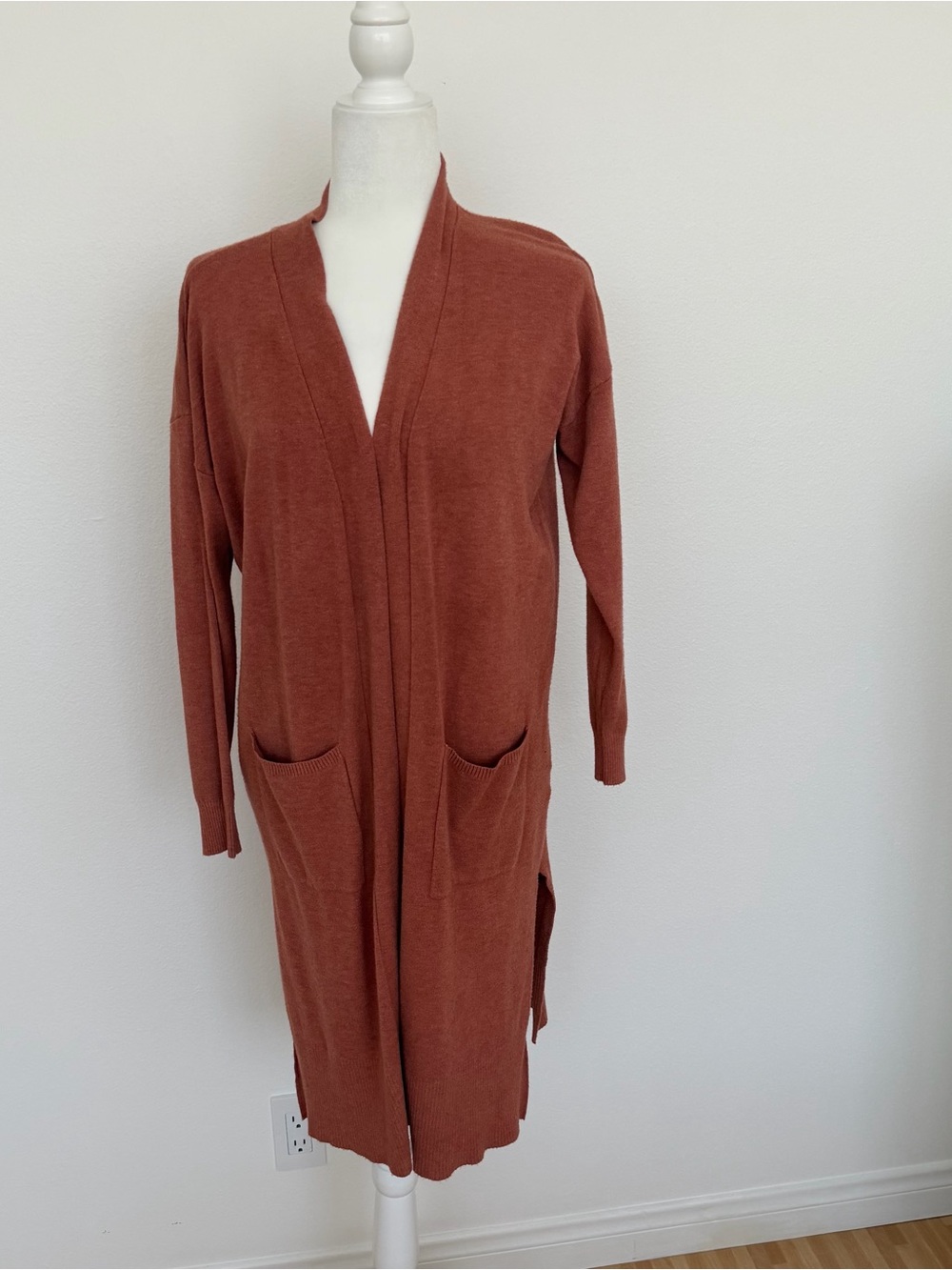 Debut Terracotta Rust Longline Open Front Duster Cardigan Sweaters